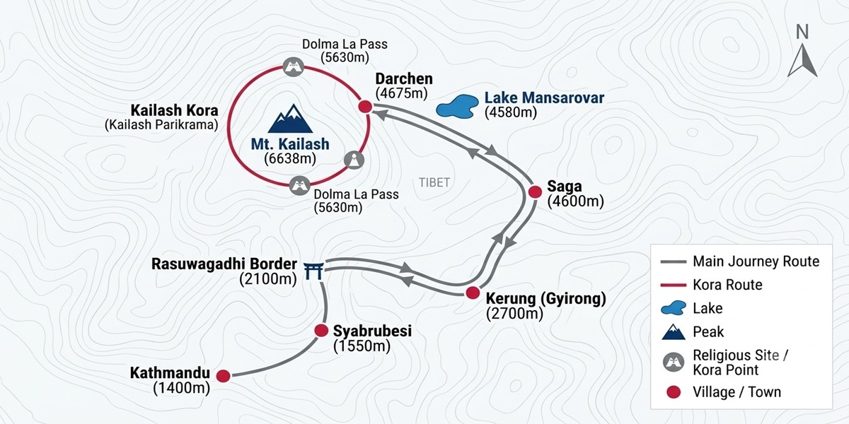 Mount kailash Tour Route Map Via Kerung