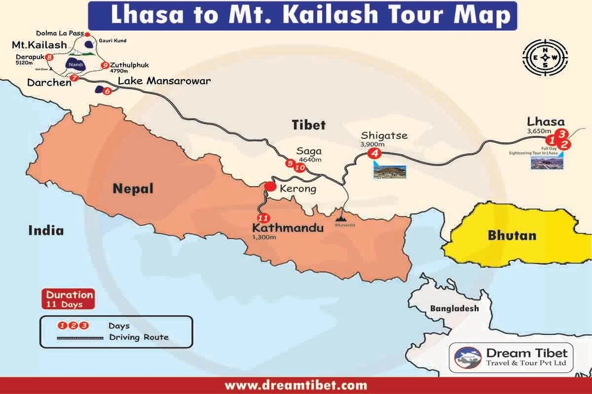 Mount kailash Tour Via Lhasa Route Map Via Kerung